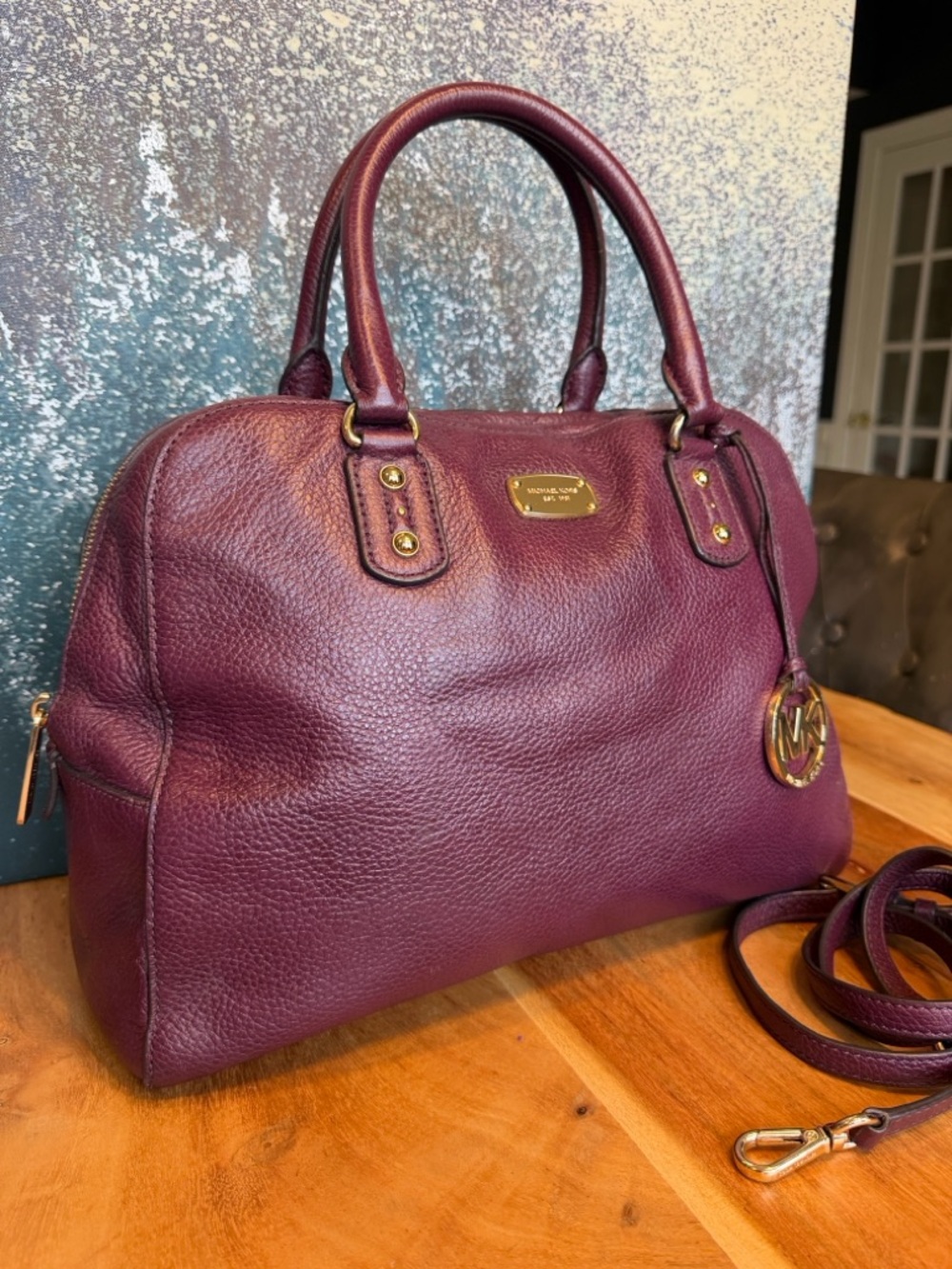 Michael Michael Kors Y2K Pebbled Leather Satchel Crossbody Purple/Gold (GUC) - Picture 6 of 17